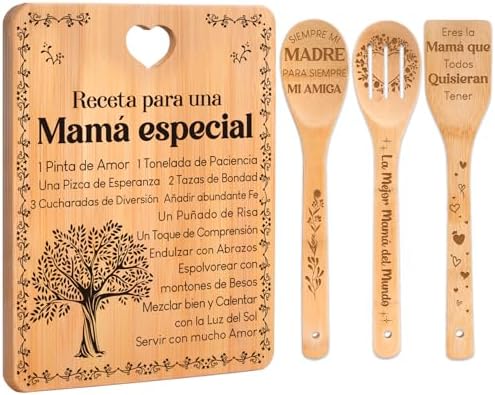 Regalos de cumpleaños para mamá - "Receta para una mamá especial". Juego de tablas de cortar y utensilios de bambú grabados. Regalos de cumpleaños para mamá. Spanish Mom Cutting Board by Apjielop-GiftsMaster