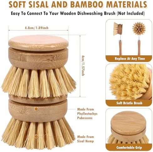 Bamboo Dish Brush, 6 Replacement Heads, Natural Washing Up Brushes Heads, Dish Scrub Brush Replacement Brush Refill, Soft Sisal Bristle Dish Scrubber, Brush for Kitchen Cleaning Pots Pans - Image 2