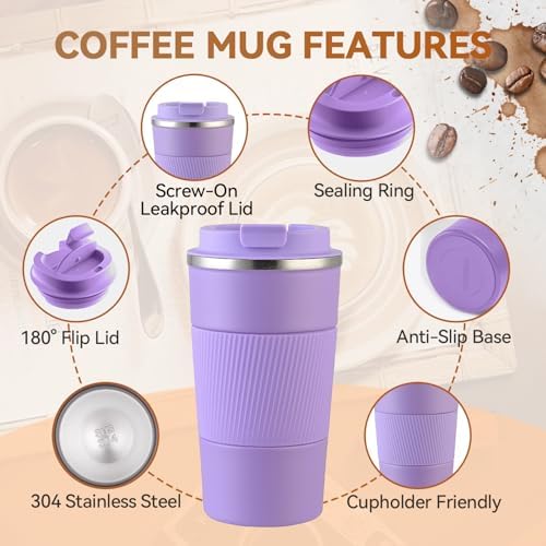 12OZ Travel Coffee Mug Insulated Coffee Cup with Spill Leak Proof Lid, Portable Stainless Steel Tumbler Reusable Hot and Cold Water Mug for Car, Daily, Camping- Purple - Image 7