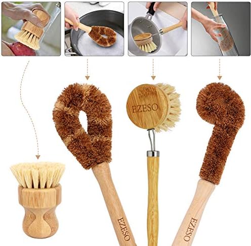 Ezeso Natural Bamboo Dish Scrub Brush Set 4 Piece, Wooden Pot & Bottle Brush - Image 3