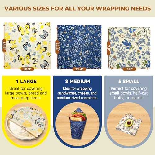 OHIYO Reusable Beeswax Wrap for Food, 9 Pack Organic Cotton Beeswax Papers (1XL + 3M + 5S), Bread Sandwich Wrapper, Suitable for Bowls, Cheese, Reusable Plastic-Free Food Storage Wrap - Image 4