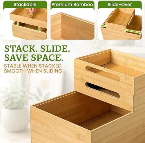 HOMESTEAD 3-Piece Stackable Bamboo Storage Box, Large Storage Bin, Wooden Boxes for Makeup Drawer Organizer Bathroom, Office Supplies, Kitchen Utensils, Bamboo Storage Containers - Image 4
