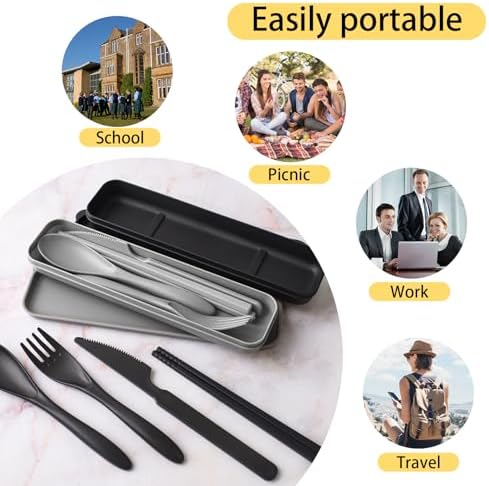 2 Sets Plastic Reusable Utensils Set with Case, Travel Chopsticks Fork Spoon Knife Set for Lunch Box, Portable Cutlery Sets for Travel Camping Daily Use (Black, Grey) - Image 4