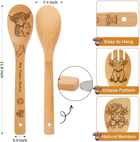Highland Cow Kitchen Decor Bamboo Wooden Spoons With Utensil Holder,Hummingbird Kitchen Accessories for Cooking-Home Decorations Gifts for Women-Housewarming,Birthday,Mothers Day(6PCS） (Highland Cow) - Image 2