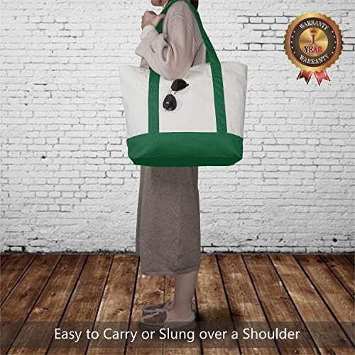 TOPDesign 6-Pack Canvas Tote Bags with an External Pocket, Reusable Grocery Shopping Bags, Top Zipper Closure, Daily Essentials (Green/Natural) - Image 2