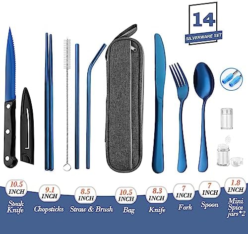 Portable Reusable Travel Utensils Silverware With Case, Camping Cutlery Set, Chopsticks and Straw, Flatware With Case, Stainless Steel Top (Blue) - Image 2