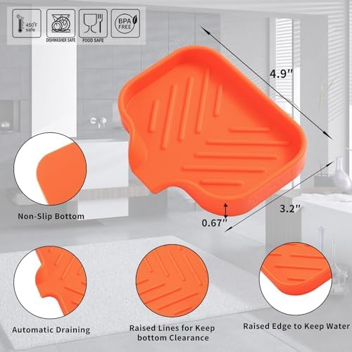 MicoYang Silicone Soap Dish with Drain Spout, Self-Draining Sink Organizer Tray for Bathroom and Kitchen, Sponges, Dispensers and Soap Holder, Non-Slip and Dishwasher Safe, Orange (Compact, 4.9"×3.2") - Image 2