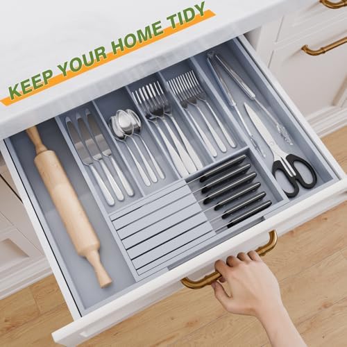 Bamboo Kitchen Silverware Drawer Organizer - Expandable Wood Utensil Holder with Dividers, Luxury Cutlery Storage Tray for Kitchen Utensil and Flatware (5-7 Slots with Removable Knife Block, Grey) - Image 4