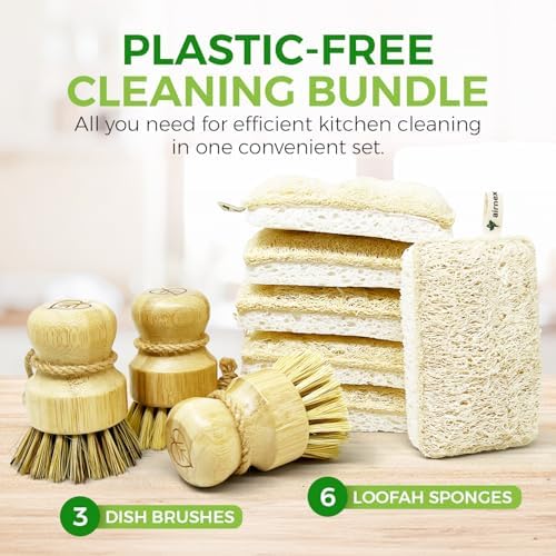 Natural Loofah Sponges for Dishes Pack of 6 and Bamboo Dish Brush Set of 3 - Compostable Loofah and 100% Plant-Based Kitchen Dish Brush Bamboo with Sisal and Coconut Bristles, 2 No Scratch Brush Types - Image 2