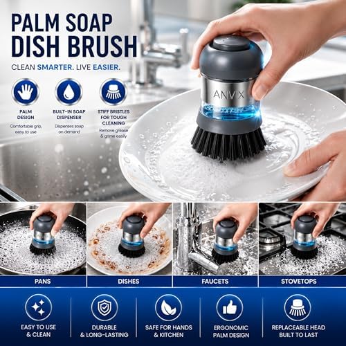 Soap Dispensing Palm Brush 2 Pack, Dish Scrubber with Built in Soap Dispenser, Stainless Steel Body, Replaceable Brush Head, Non Scratch Nylon Bristles for Dishes, Pots, Pans, Nonstick Cookware - Image 4
