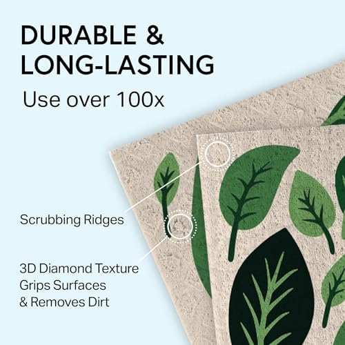 Swedish Wholesale Dishcloths Reusable 8" x 7" Sponge Cloths, Bulk 10 Pack of High Absorbent Cellulose Dish & Kitchen Cleaning Hand Towels, Wring to Dry & Machine Wash, Odor Resistant, Leaves - Image 3