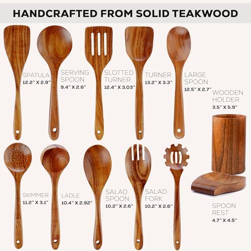 Zulay Kitchen 12-Piece Teak Wooden Utensils for Cooking - Natural Teak Utensil Set with Premium Gift Box - Non-Stick Wooden Spoons for Cooking - Kitchen Gift Set - Comfortable Grip Wooden Utensil Set - Image 3