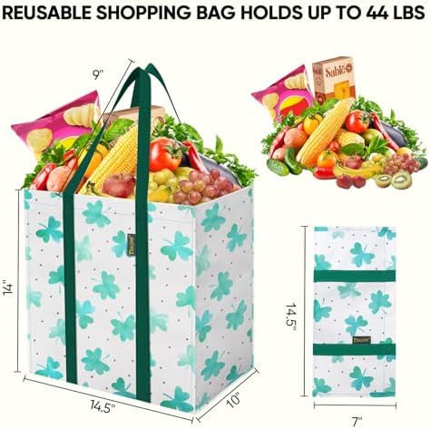 BALEINE 4 PK Grocery Bags Reusable Shopping Bags with Reinforced Bottom, Heavy Duty Foldable Tote Bags (Clover) - Image 2