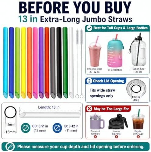 ALINK 12 Pcs Reusable Boba Straws, 13-inch Extra Long Wide Smoothie Straws - Image 3