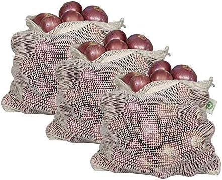 Reusable Onion Storage Bags - Organic Cotton Mesh Onion Bags with Drawstring - Washable Onion Holder Storage - Net Onion Keeper Sacks - Perfect Potato Storage Bags - Root Vegetable Sacks (3 X-Large) by OrganicCottonMart