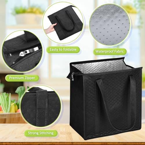 10 Pack 10 Pack Large Insulated Grocery Bag Zippered, Black - Image 4