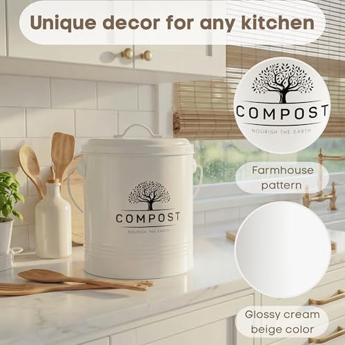 Perfnique Kitchen Compost Bin, 1.3 Gallon Countertop Compost Bin with Lid, Indoor Compost Bucket Includes Inner Bucket Liner and Carbon Filter, Small Compost Bin with Trash Bags (with Bags, Cream) - Image 4