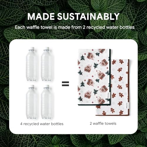 RECYCO Christmas Waffle Kitchen Towel Set of 2 - Quick Dry Microfiber Sustainable Dish Towels - Ultra Absorbent Reusable Cleaning Tea Towels - Lightweight Hand Towels,16”x 28”, Gingerbread Joy - Image 5