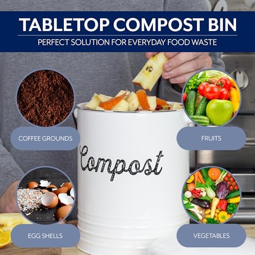AuldHome Design Kitchen Compost Bin for Countertop | 1.3 Gallon Composting Bucket with Lid | Includes 3 Charcoal Filters | (White Enamel) - Image 4