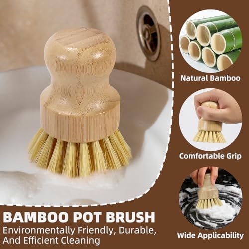 SAMEBUETCO 6-Piece Bamboo Dish Brush Set with 2 Stainless Steel Drying Racks, 3 Mixed Fiber Pot Brushes & 1 Sisal Bristle Brush for Dishes, Pots, Pans, Vegetables & Kitchen Cleaning - Image 5