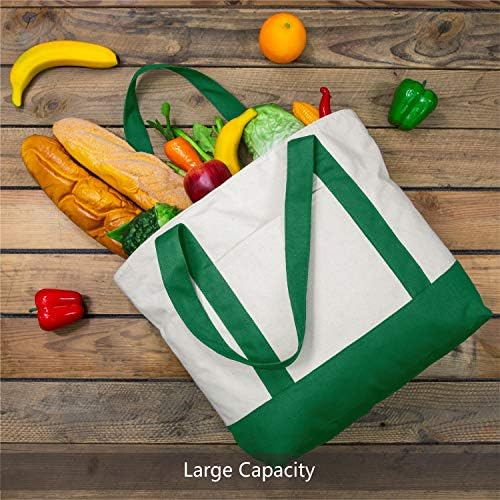 TOPDesign 6-Pack Canvas Tote Bags with an External Pocket, Reusable Grocery Shopping Bags, Top Zipper Closure, Daily Essentials (Green/Natural) - Image 4