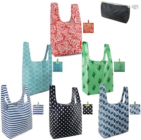 BeeGreen Geometry Reusable Grocery Bags Bulk 6 Packs X-Large, Reusable Shopping Bags Foldable for Groceries, Vegetables, Fruits Watertight Bulk Tote Bags (Cactus Rainbow Polka Dot Red Rose） by BeeGreen