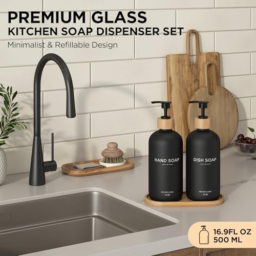Hand and Dish Soap Dispenser Set,16oz Glass Bottles with Bamboo Pumps & Tray,Countertop Soap Dispensers for Kitchen,Luxury, Minimalist & Farmhouse Decor - Image 2