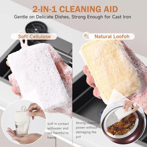 Natural Loofah & Cellulose Dual Sided Sponge 5 Pack | Compostable, Plastic-Free, Biodegradable Kitchen Scrubber | Non-Scratch for Dishes, Pots, Pans & Cast Iron - Image 4