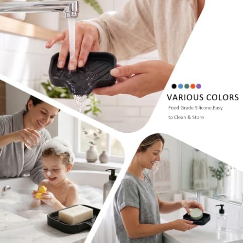 MicoYang Silicone Soap Dish with Drain Spout, Self-Draining Sink Organizer Tray for Bathroom and Kitchen, Sponges, Dispensers and Soap Holder, Non-Slip and Dishwasher Safe, Black (Compact, 4.9"×3.2") - Image 5