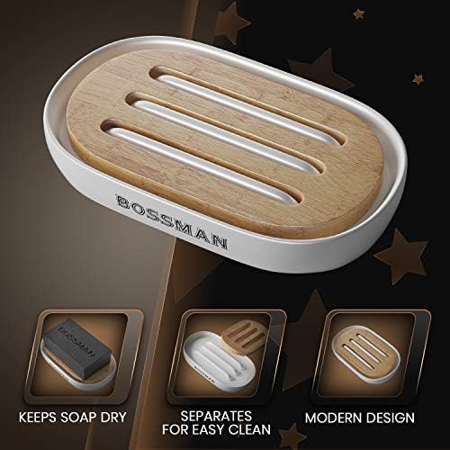 Bossman Natural Bamboo Bathroom Soap Dish w/ Premium Ceramic Base - White - Image 3