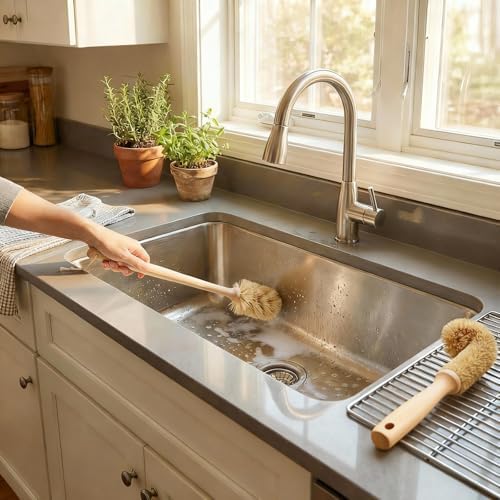Bottle Brush & Dish Scrubber Set (3 Pack) - Kitchen Cleaning Kit with L-Shape Bottle Cleaner, Round Pan Brush & Detail Scrubber - Multi-Use for Bottles, Pots, Pans & Glassware - Image 2