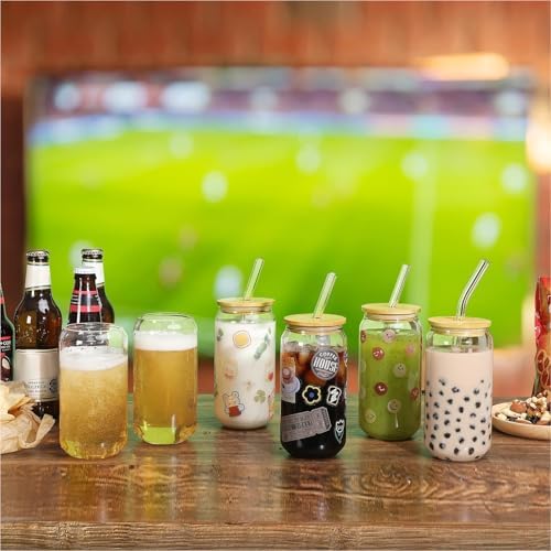 NETANY [ 8pcs Set ] Drinking Glasses with Bamboo Lids and Glass Straw - 16oz Glass Cups, Beer Glasses, Iced Coffee Glasses, Cute Tea Cup, Ideal for Cocktail, Whiskey, Gift - 2 Cleaning Brushes - Image 3