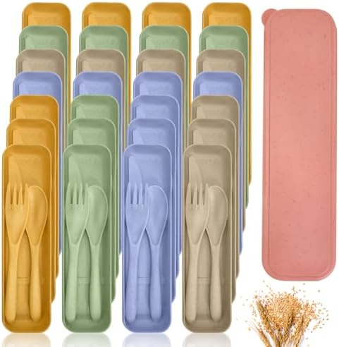 60 Sets Wheat Straw Silverware Set Bulk Wheat Straw Cutlery Lunch Box Accessories Reusable Travel Utensils Set with Case for Operation Christmas Child Items Bulk Kids Adults Camping(Light Color) by Kidum