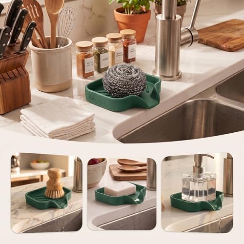 MicoYang Silicone Soap Dish with Drain Spout, Self-Draining Sink Organizer Tray for Bathroom and Kitchen, Sponges, Dispensers and Soap Holder, Non-Slip and Dishwasher Safe, Green (Compact, 4.9"×3.2") - Image 3