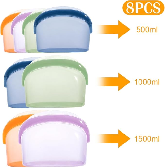 8 Pcs Reusable Silicone sealed Food Storage Bags, Multi-Role Food Storage Bags, Leak Proof, Freezer Safe, Microwave Safe, Dishwasher Safe, Eco-friendly