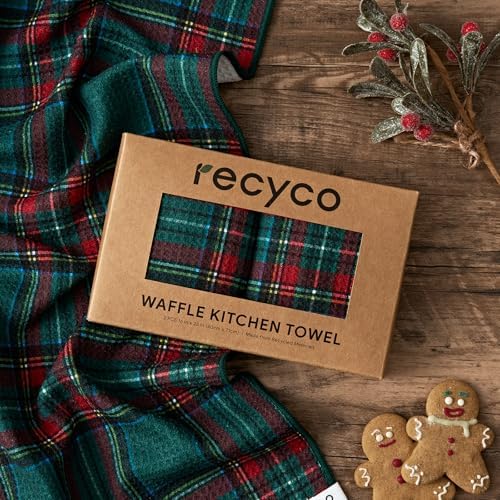 RECYCO Christmas Waffle Kitchen Towel Set of 2 - Quick Dry Microfiber Sustainable Dish Towels - Ultra Absorbent Reusable Cleaning Tea Towels - Lightweight Hand Towels,16”x 28”, Stewart Plaid Green - Image 7