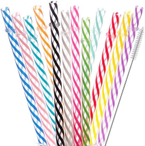 Dakoufish 12 Piece 8 Inch Reusable Plastic Thick Drinking Straws BPA Free Mason Jar Straws Transparent Small Stripe (8inch, Mix 12color) by Dakoufish