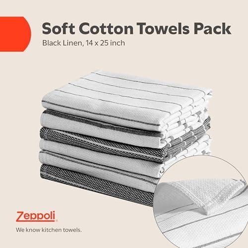 Zeppoli Classic Kitchen Towels - 6 Pack 100% Natural Cotton Towel Set, Reusable Wash Cloths, Absorbent Dish Towels, Machine Washable Hand Towels, Kitchen Essentials, 20" x 28" - Black VAR - Image 2