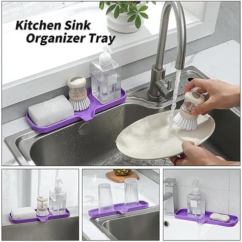 MicoYang Silicone Soap Dish with Drain Spout — Self-Draining Double Sink Organizer Tray for Kitchen & Bathroom, Dispensers, Sponges & Soap Holder, Non-Slip & Dishwasher Safe, Purple (Large, 12"×4") - Image 5