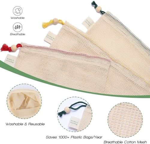 Reusable Cotton Produce Bags (10 Pack + 1 Premium Stotage Pouch) - Organic Cotton Mesh Bags for Fruits & Vegetables, Washable, Double-Stitched, Tare Weight, Eco-Friendly Storage (4L, 4M, 2S) - Image 2
