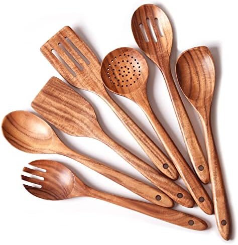 Gudamaye 13 inch Long Wooden Utensils for Cooking, Long Handle Wooden Spoons for Cooking, 7 PCES Crafting Wooden Spoon Set, Wooden Kitchen Utensil set, Natural Teak Wooden utensil Set by Gudamaye-WoodenUtensilsSets