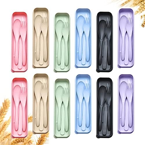 YDYTOP Reusable Travel Utensils Set with Case, 12 Sets Wheat Straw Portable Knife Fork Spoons Cutlery, Eco-Friendly BPA Free Plastic Tableware for Kids Adults School Lunch Party Picnic and Camping by YDYTOP