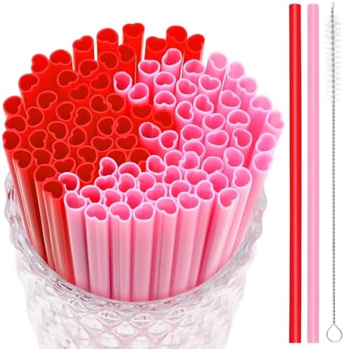 JANYUN 30 Pcs Pink Red Heart Shaped Straws, Valentines Plastic Straw by JANYUN