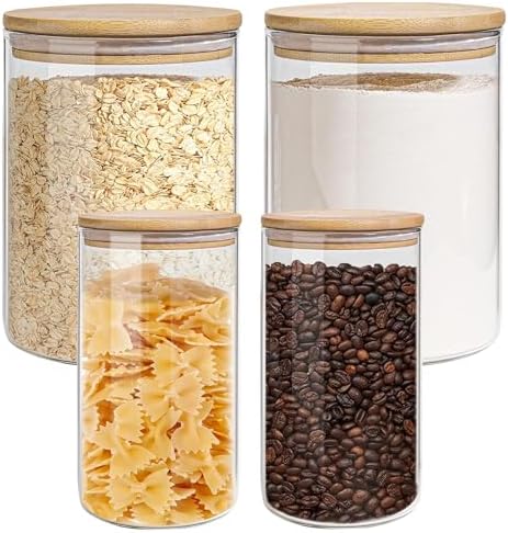 Glass Storage Jars Set Elegant Containers with Airtight Bamboo Lids, Perfect for Kitchen Organization - Flour, Rice, Pasta, Sugar, Coffee Beans (2 packs(37oz) / 2 packs(111oz)) by EQEYBRAND