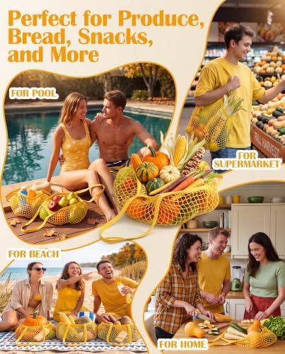 Eccliy 12Pcs Reusable Cotton Mesh Grocery Bag with Handle, Yellow, 10 in - Image 6