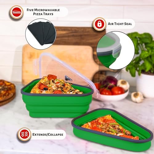 PIZZA PACK The Perfect Reusable Pizza Storage Container with 5 Microwavable Serving Trays - BPA-Free Adjustable Pizza Slice Container to Organize & Save Space, 2 Pack, Green - Image 6