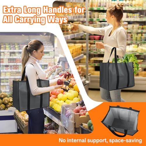 WISELIFE Reusable Grocery Bags with Handles, Foldable, 35L, 8 Pack, Gray - Image 3