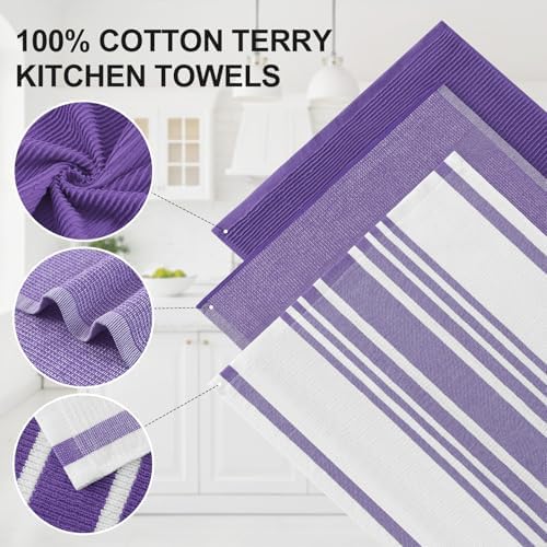 Homaxy Cotton 380 GSM Premium Kitchen Towels, 18"x 28", 3 Pack, Purple - Image 2
