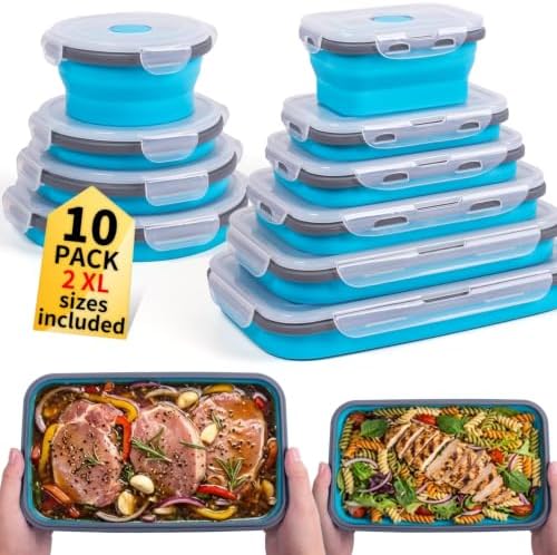 Collapsible Food Storage Containers with Lids 10 Pack(81oz/58oz Extra Large Included), 6 Rectangular+4 Round, Annaklin Silicone Collapsible Food Containers Sets Microwave Freezer Dishwasher Safe, Blue by Annaklin