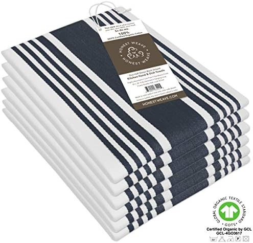 HONEST WEAVE GOTS Certified Organic Cotton Kitchen Hand and Dish Towel Sets - Oversized 20x30 inches, Fully Hemmed, in Designer Colors, 6-Pack, Black Stripe - Image 3
